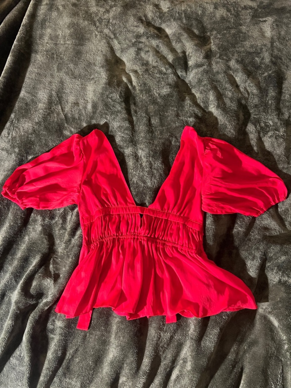 Anthropologie Fuchsia Puff-Sleeve V-Neck Peplum Top